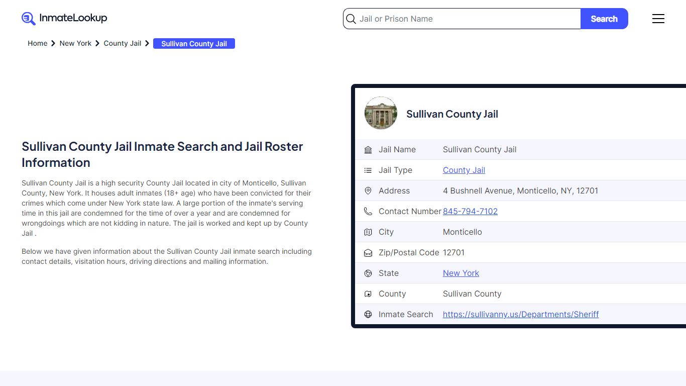 Sullivan County Jail Inmate Search and Jail Roster Information